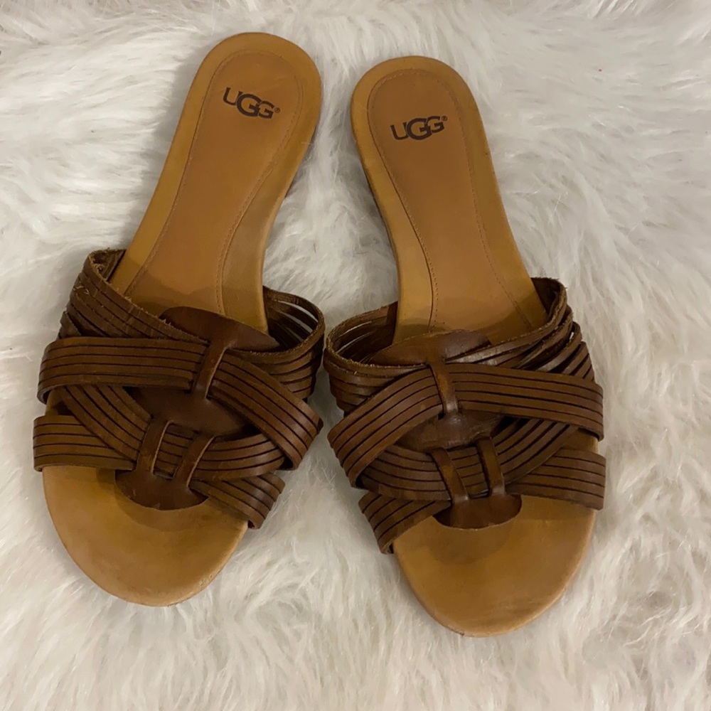 Brown leather UGG slide on woven sandal size 8.5